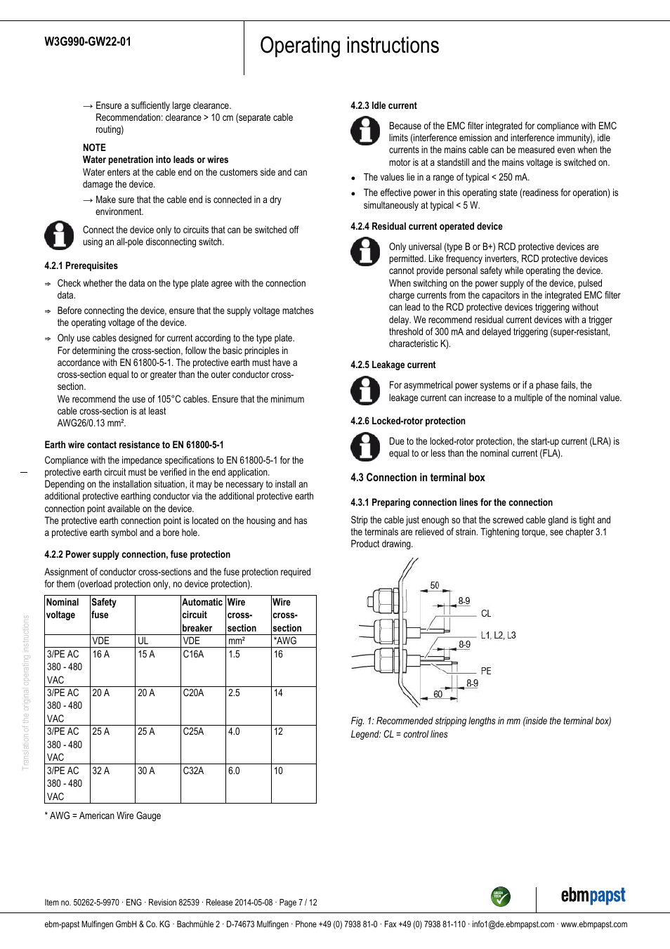 Operating instructions | ebm-papst W3G990-GW22-01 User Manual | Page 7 / 12