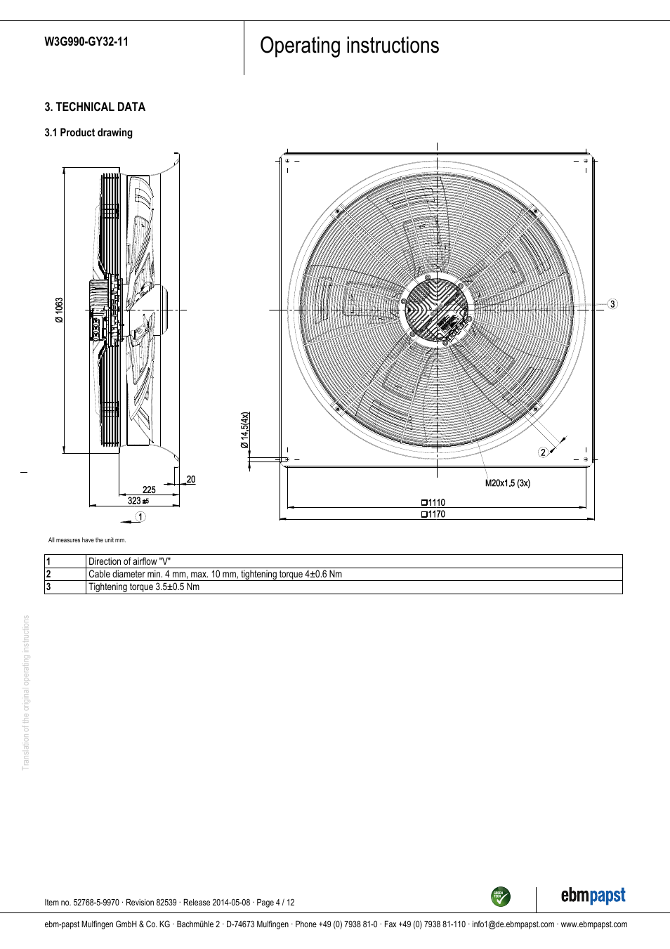 Operating instructions | ebm-papst W3G990-GY32-11 User Manual | Page 4 / 12