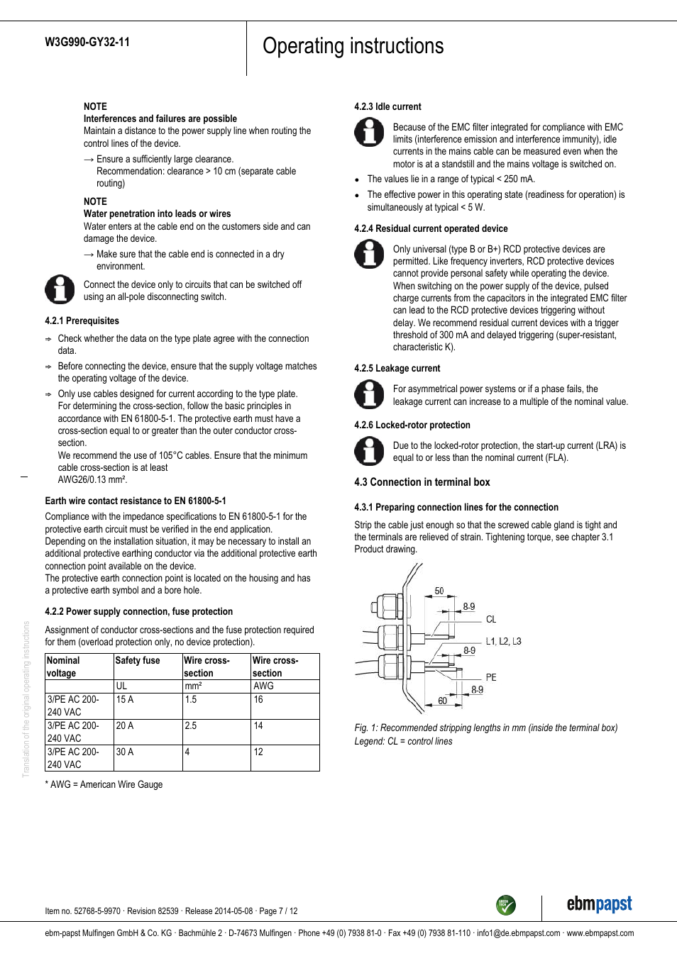 Operating instructions | ebm-papst W3G990-GY32-11 User Manual | Page 7 / 12