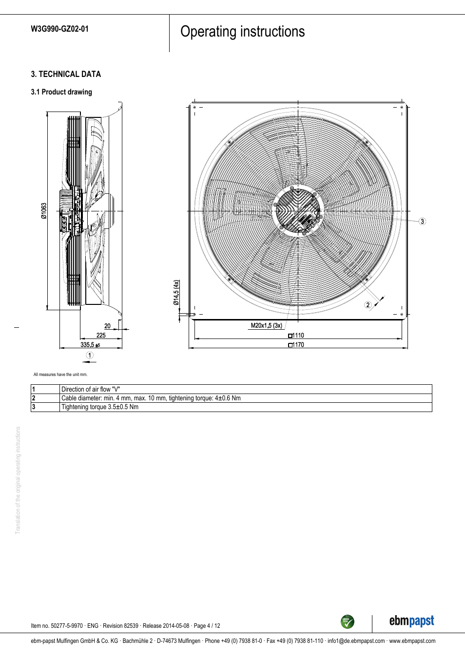 Operating instructions | ebm-papst W3G990-GZ02-01 User Manual | Page 4 / 12