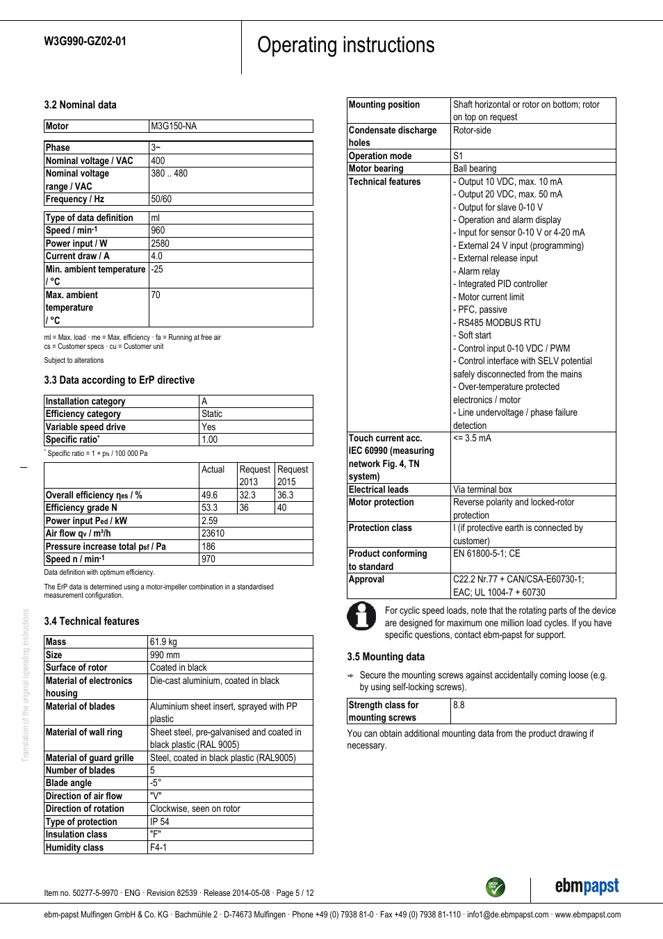 Operating instructions | ebm-papst W3G990-GZ02-01 User Manual | Page 5 / 12