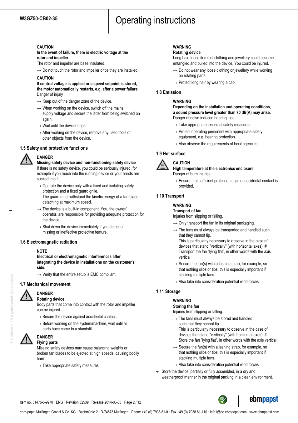 Operating instructions | ebm-papst W3GZ50-CB02-35 User Manual | Page 2 / 12