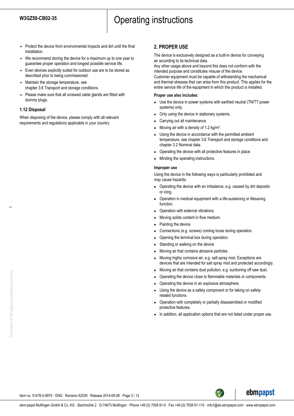 Operating instructions, Proper use | ebm-papst W3GZ50-CB02-35 User Manual | Page 3 / 12