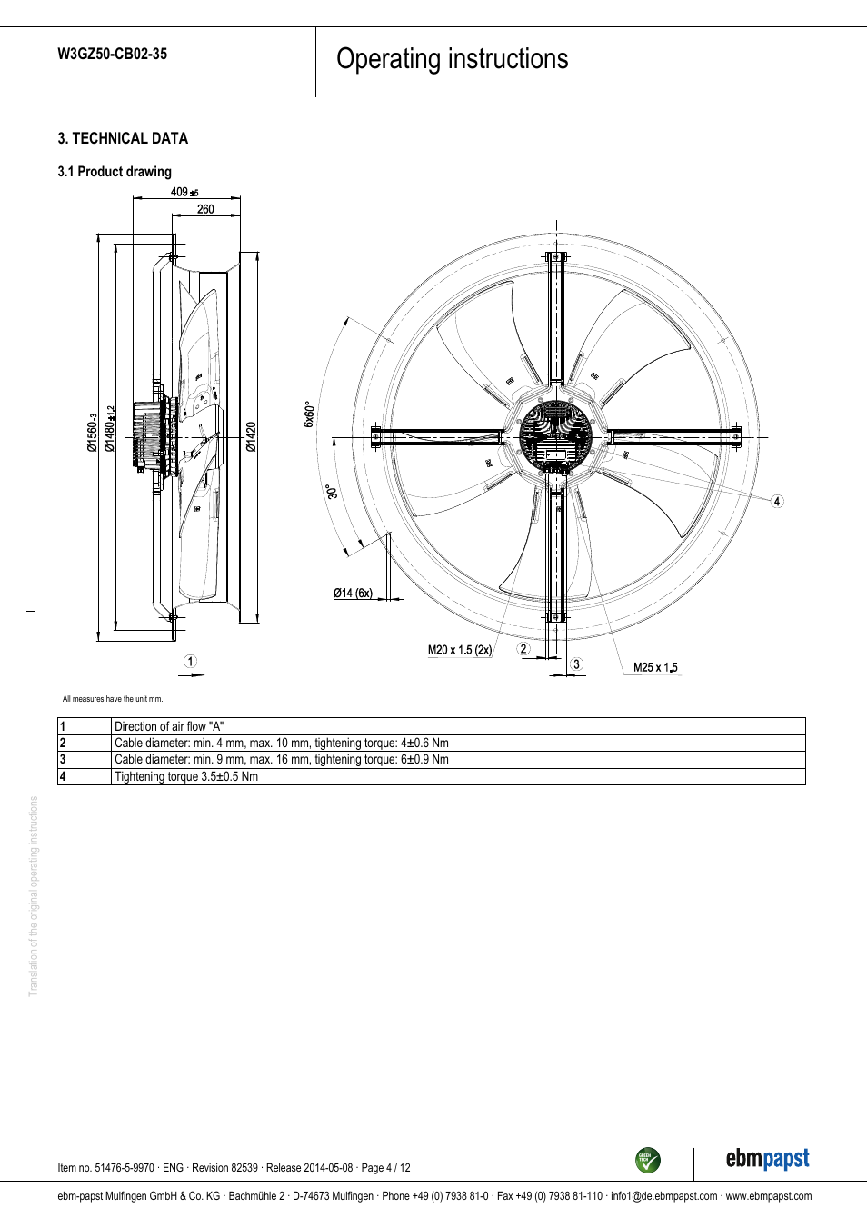 Operating instructions | ebm-papst W3GZ50-CB02-35 User Manual | Page 4 / 12