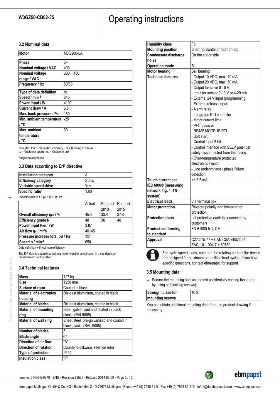 Operating instructions | ebm-papst W3GZ50-CB02-35 User Manual | Page 5 / 12