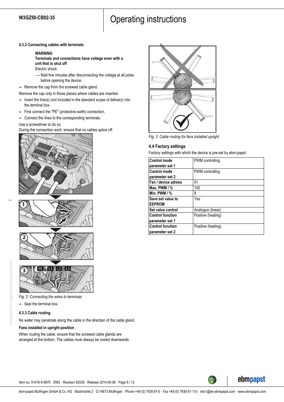 Operating instructions | ebm-papst W3GZ50-CB02-35 User Manual | Page 8 / 12