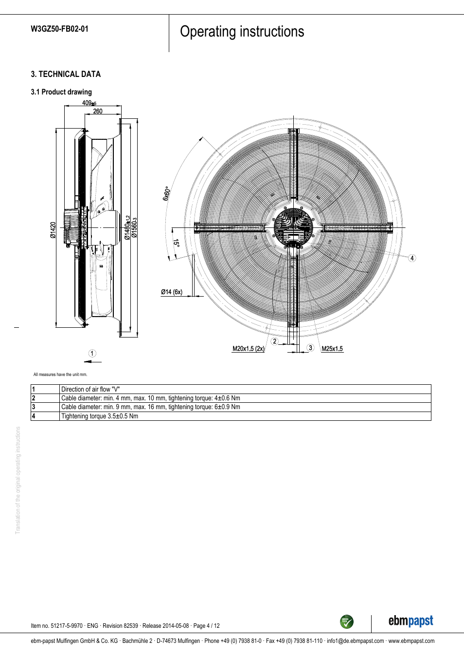 Operating instructions | ebm-papst W3GZ50-FB02-01 User Manual | Page 4 / 12