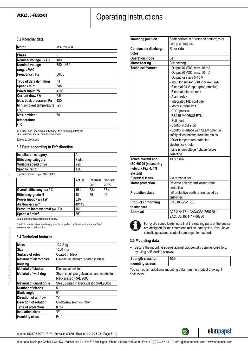 Operating instructions | ebm-papst W3GZ50-FB02-01 User Manual | Page 5 / 12