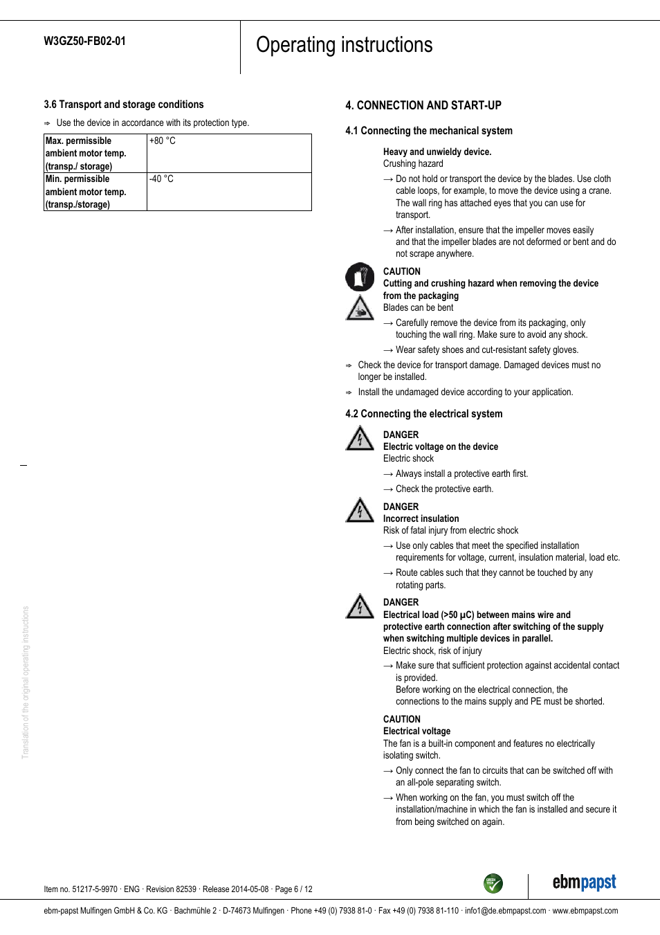 Operating instructions | ebm-papst W3GZ50-FB02-01 User Manual | Page 6 / 12