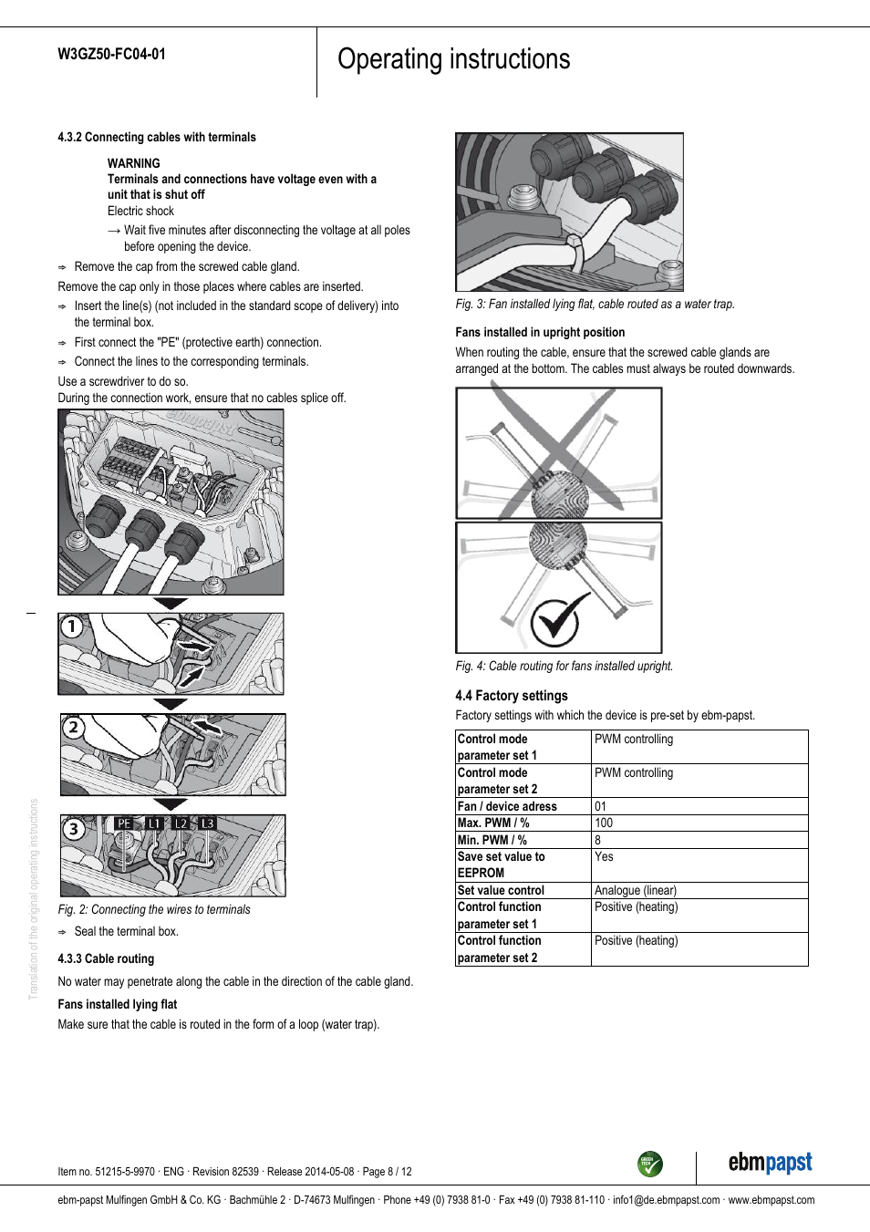 Operating instructions | ebm-papst W3GZ50-FC04-01 User Manual | Page 8 / 12