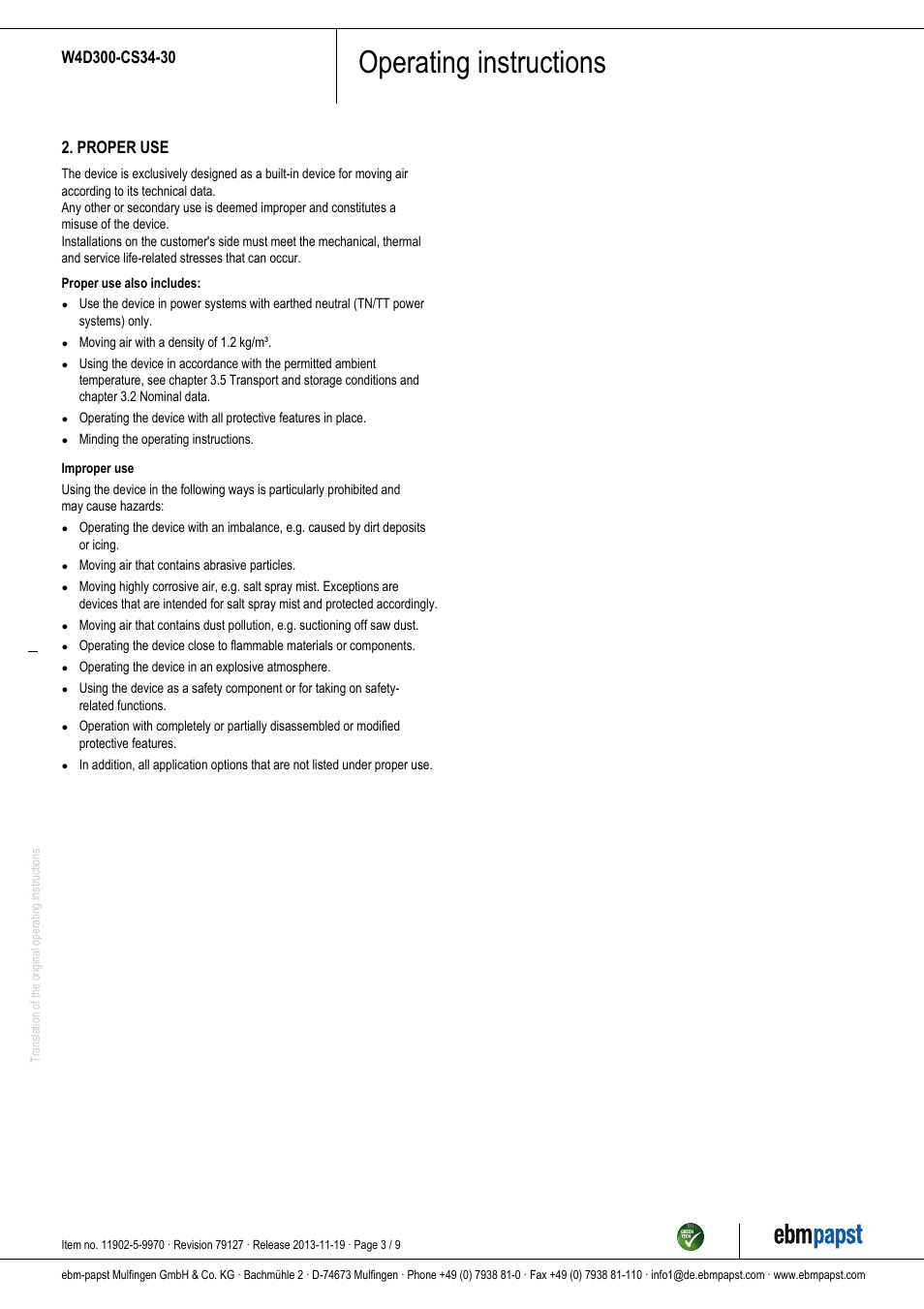 Operating instructions, Proper use | ebm-papst W4D300-CS34-30 User Manual | Page 3 / 9