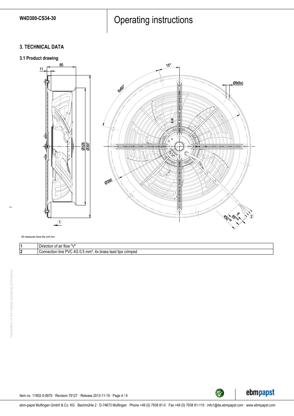 Operating instructions | ebm-papst W4D300-CS34-30 User Manual | Page 4 / 9
