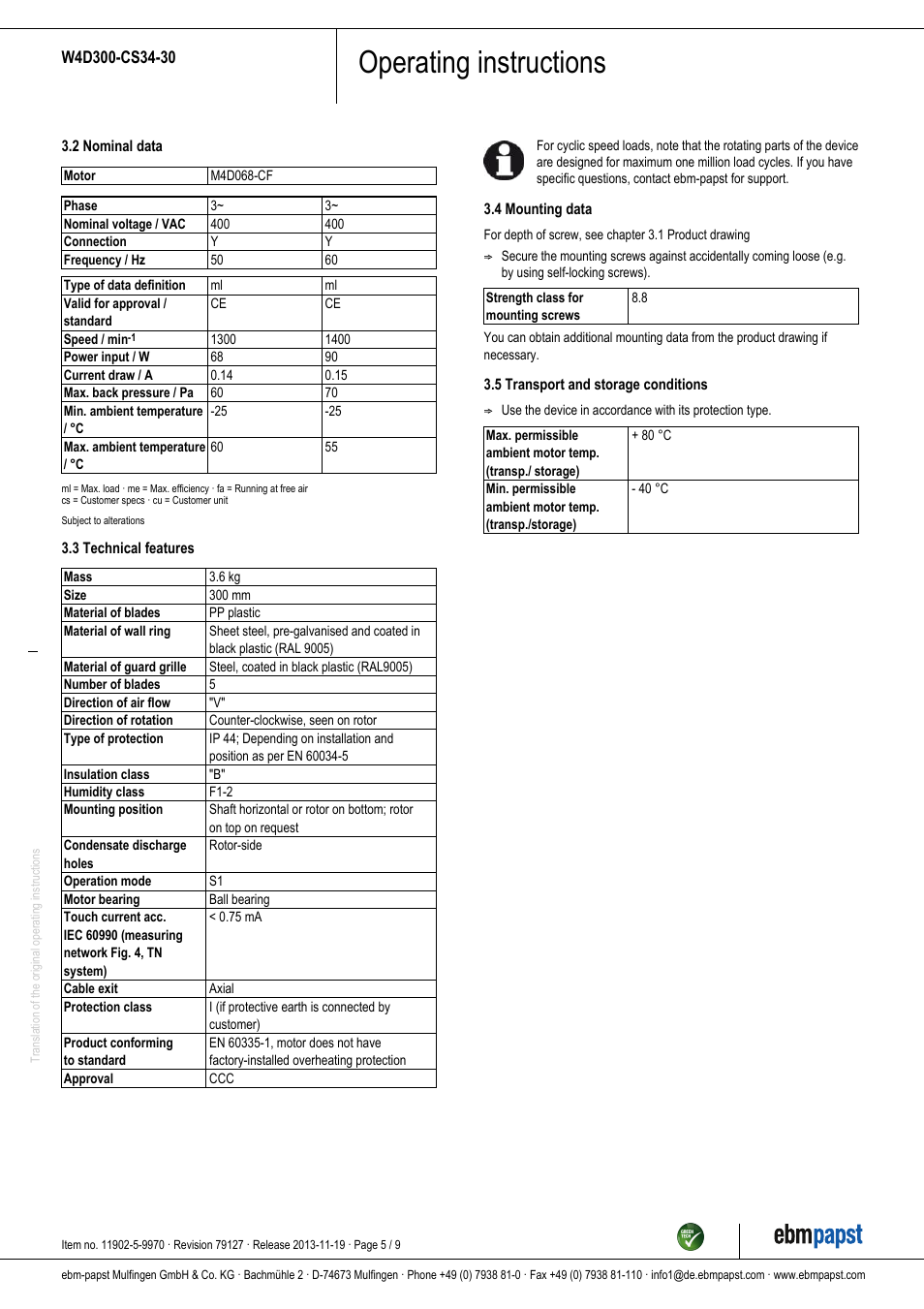 Operating instructions | ebm-papst W4D300-CS34-30 User Manual | Page 5 / 9
