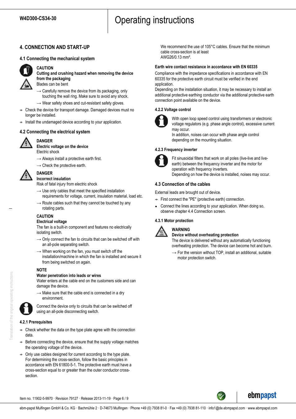 Operating instructions | ebm-papst W4D300-CS34-30 User Manual | Page 6 / 9