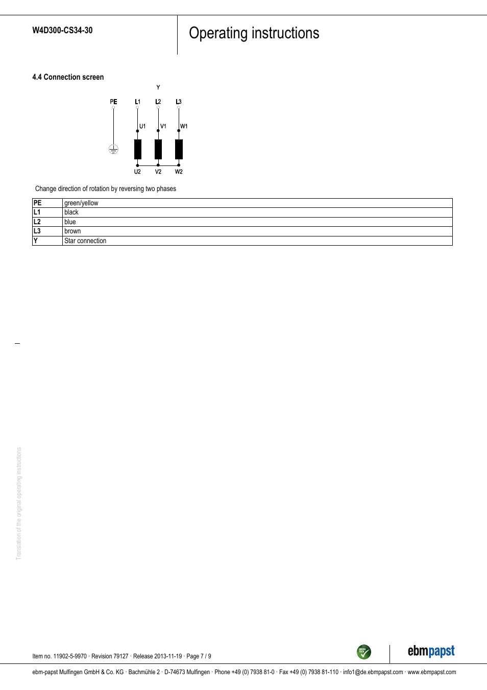 Operating instructions | ebm-papst W4D300-CS34-30 User Manual | Page 7 / 9