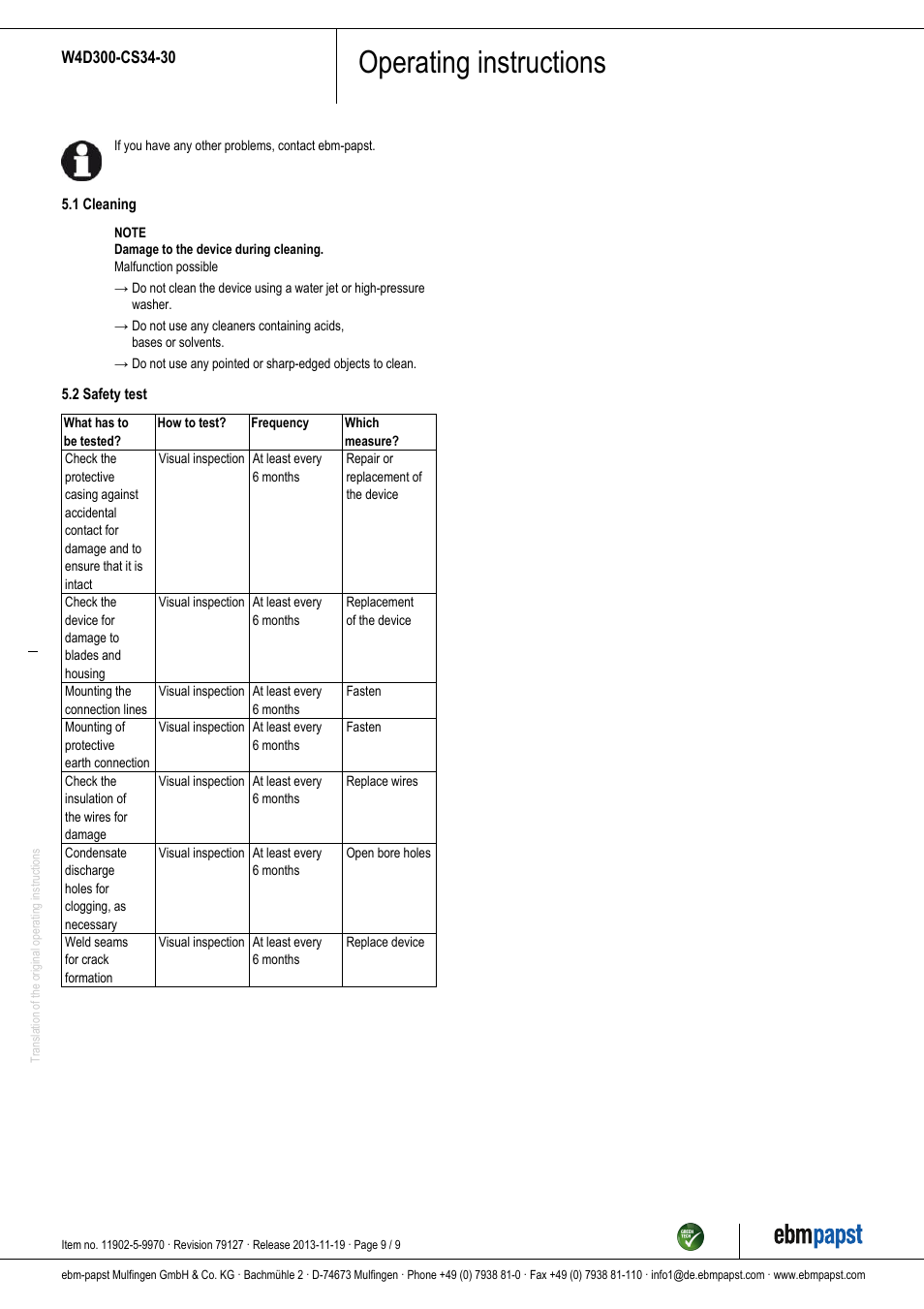 Operating instructions | ebm-papst W4D300-CS34-30 User Manual | Page 9 / 9