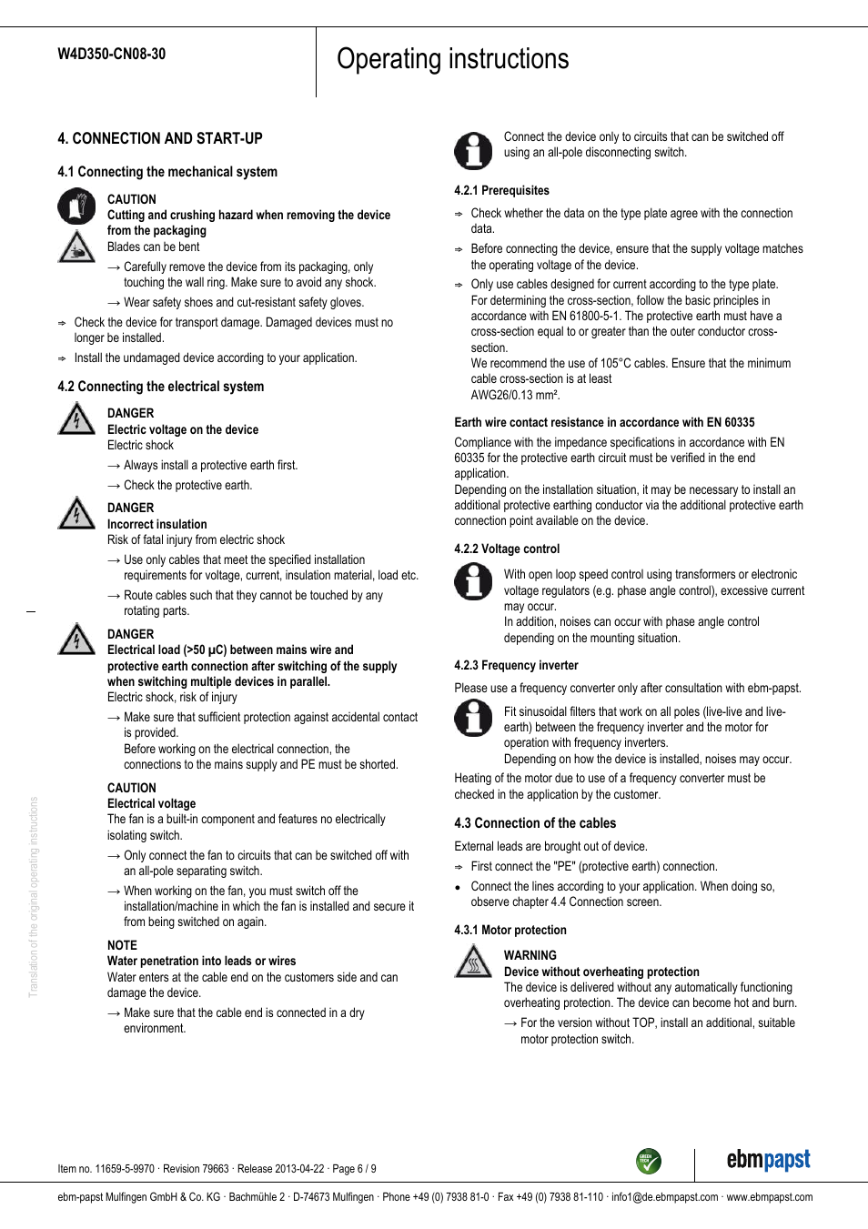 Operating instructions | ebm-papst W4D350-CN08-30 User Manual | Page 6 / 9
