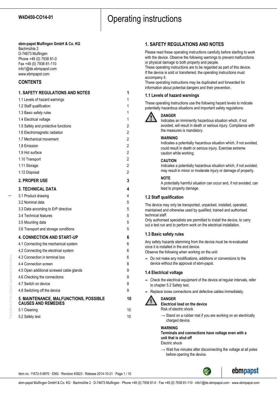 ebm-papst W4D450-CO14-01 User Manual | 10 pages