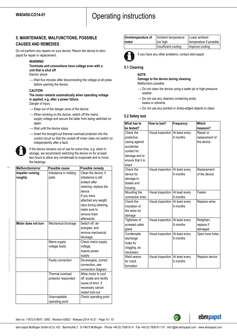 Operating instructions | ebm-papst W4D450-CO14-01 User Manual | Page 10 / 10