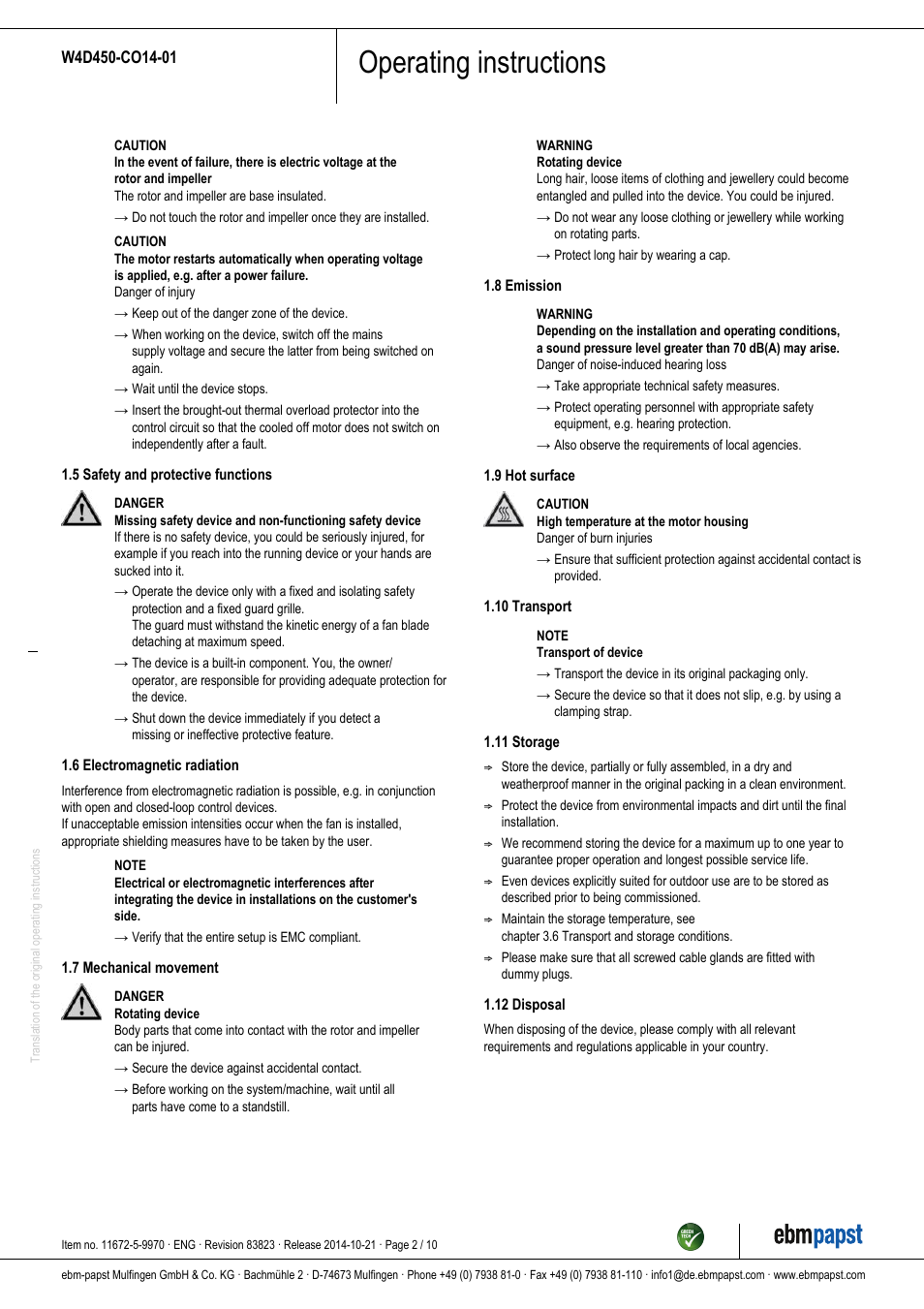 Operating instructions | ebm-papst W4D450-CO14-01 User Manual | Page 2 / 10