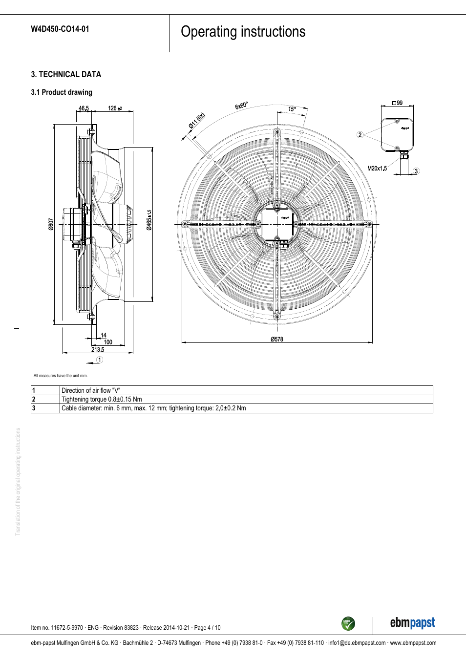 Operating instructions | ebm-papst W4D450-CO14-01 User Manual | Page 4 / 10
