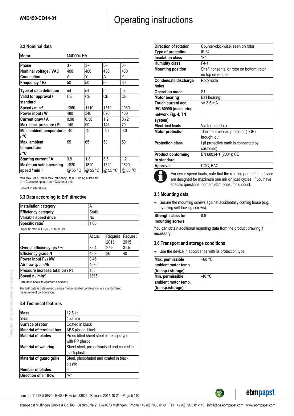 Operating instructions | ebm-papst W4D450-CO14-01 User Manual | Page 5 / 10