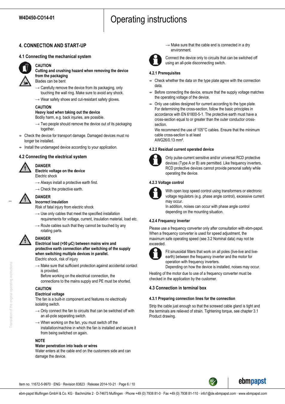 Operating instructions | ebm-papst W4D450-CO14-01 User Manual | Page 6 / 10