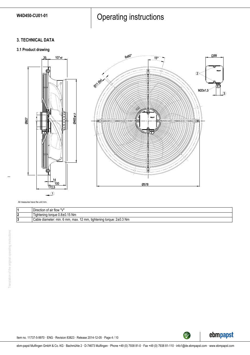 Operating instructions | ebm-papst W4D450-CU01-01 User Manual | Page 4 / 10
