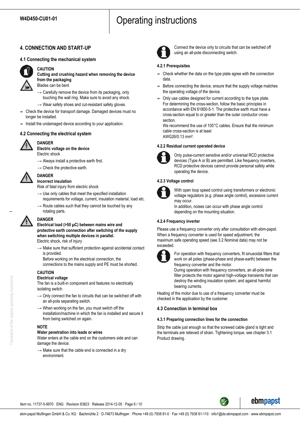 Operating instructions | ebm-papst W4D450-CU01-01 User Manual | Page 6 / 10