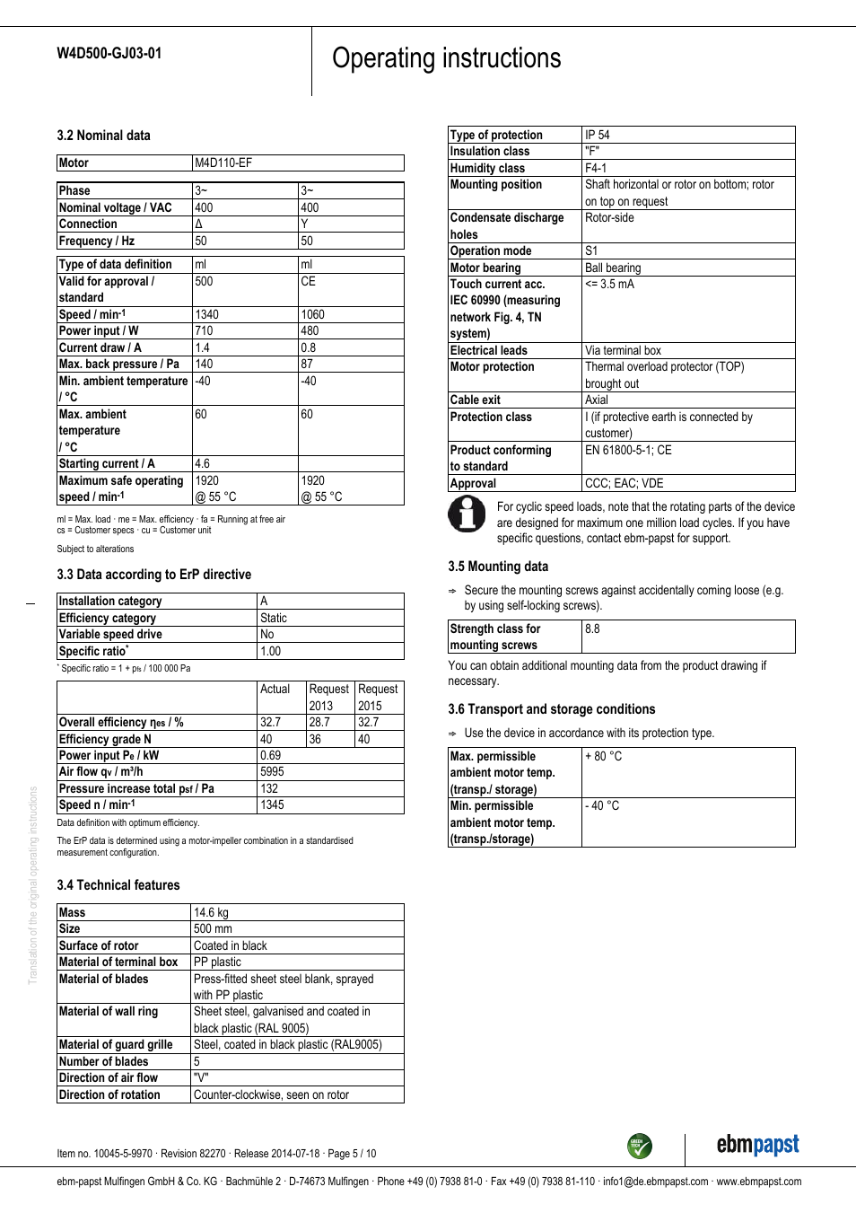 Operating instructions | ebm-papst W4D500-GJ03-01 User Manual | Page 5 / 10