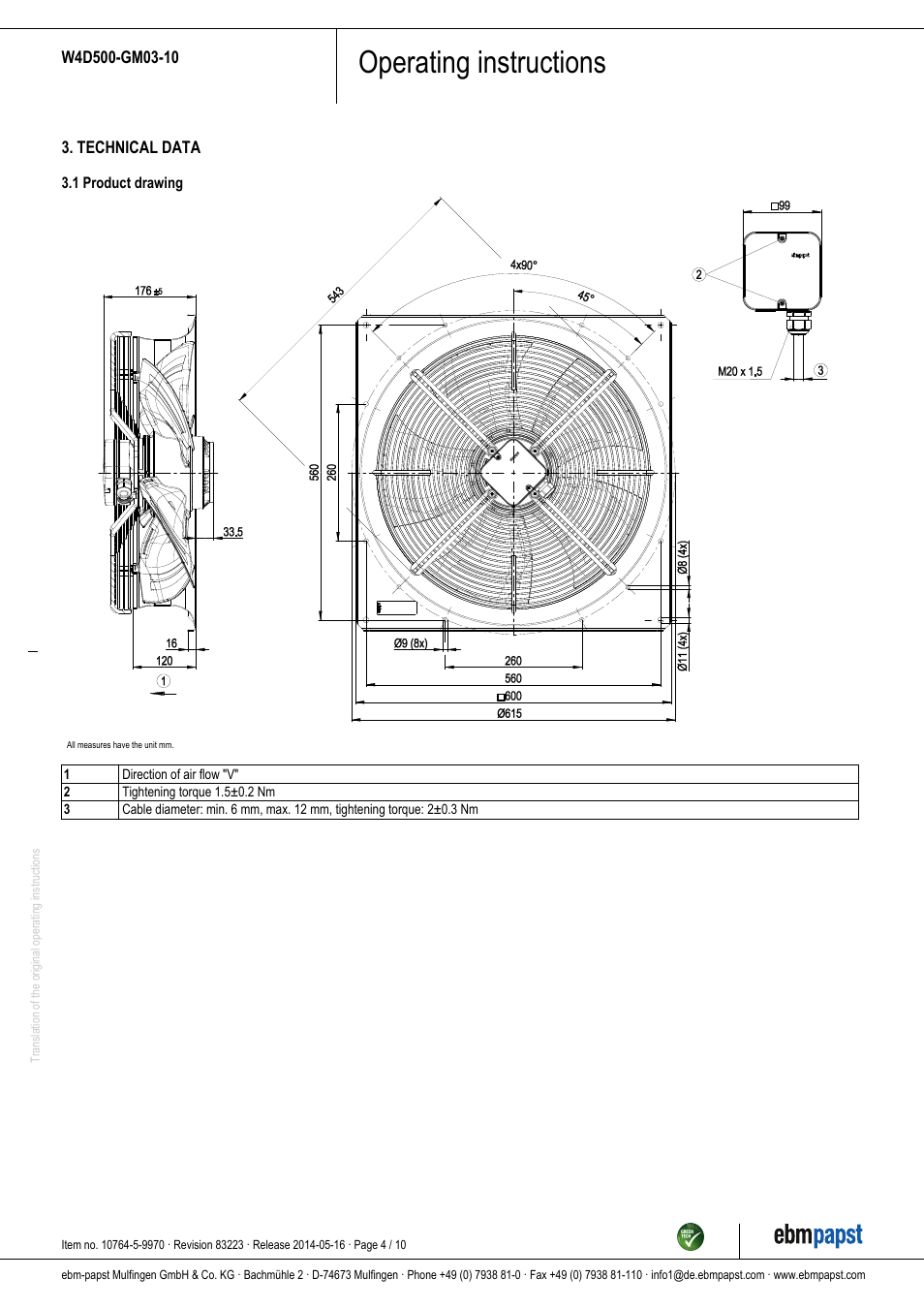 Operating instructions | ebm-papst W4D500-GM03-10 User Manual | Page 4 / 10