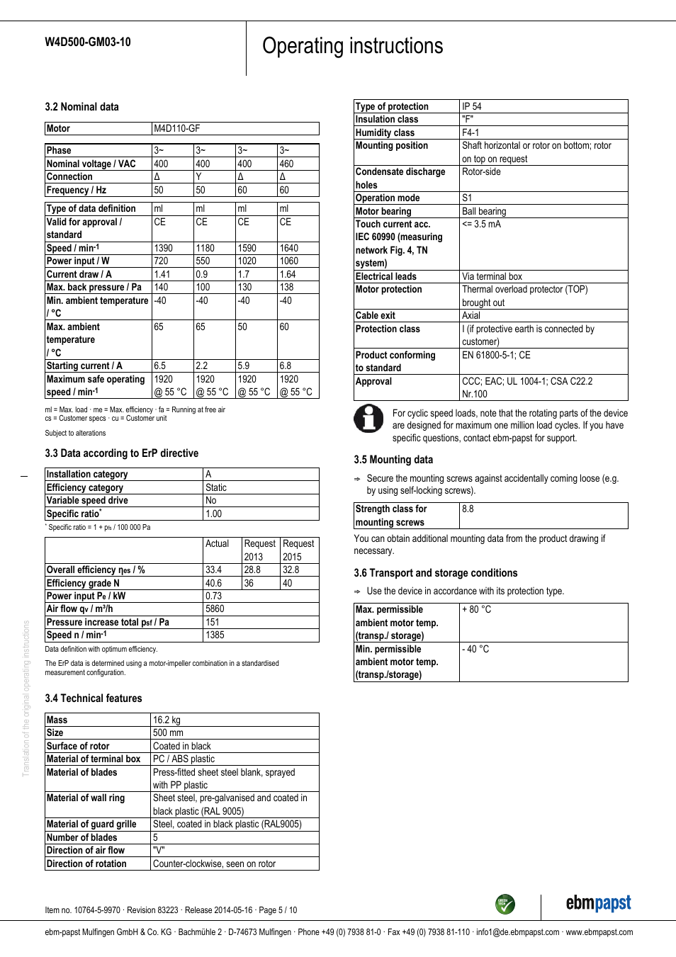 Operating instructions | ebm-papst W4D500-GM03-10 User Manual | Page 5 / 10