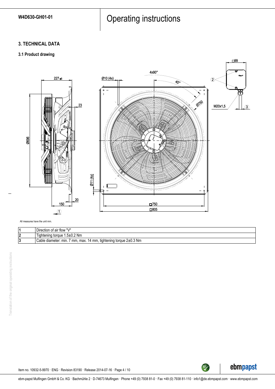 Operating instructions | ebm-papst W4D630-GH01-01 User Manual | Page 4 / 10