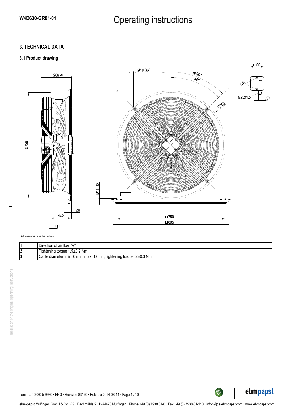 Operating instructions | ebm-papst W4D630-GR01-01 User Manual | Page 4 / 10