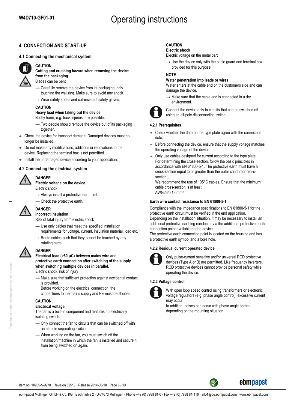 Operating instructions | ebm-papst W4D710-GF01-01 User Manual | Page 6 / 10