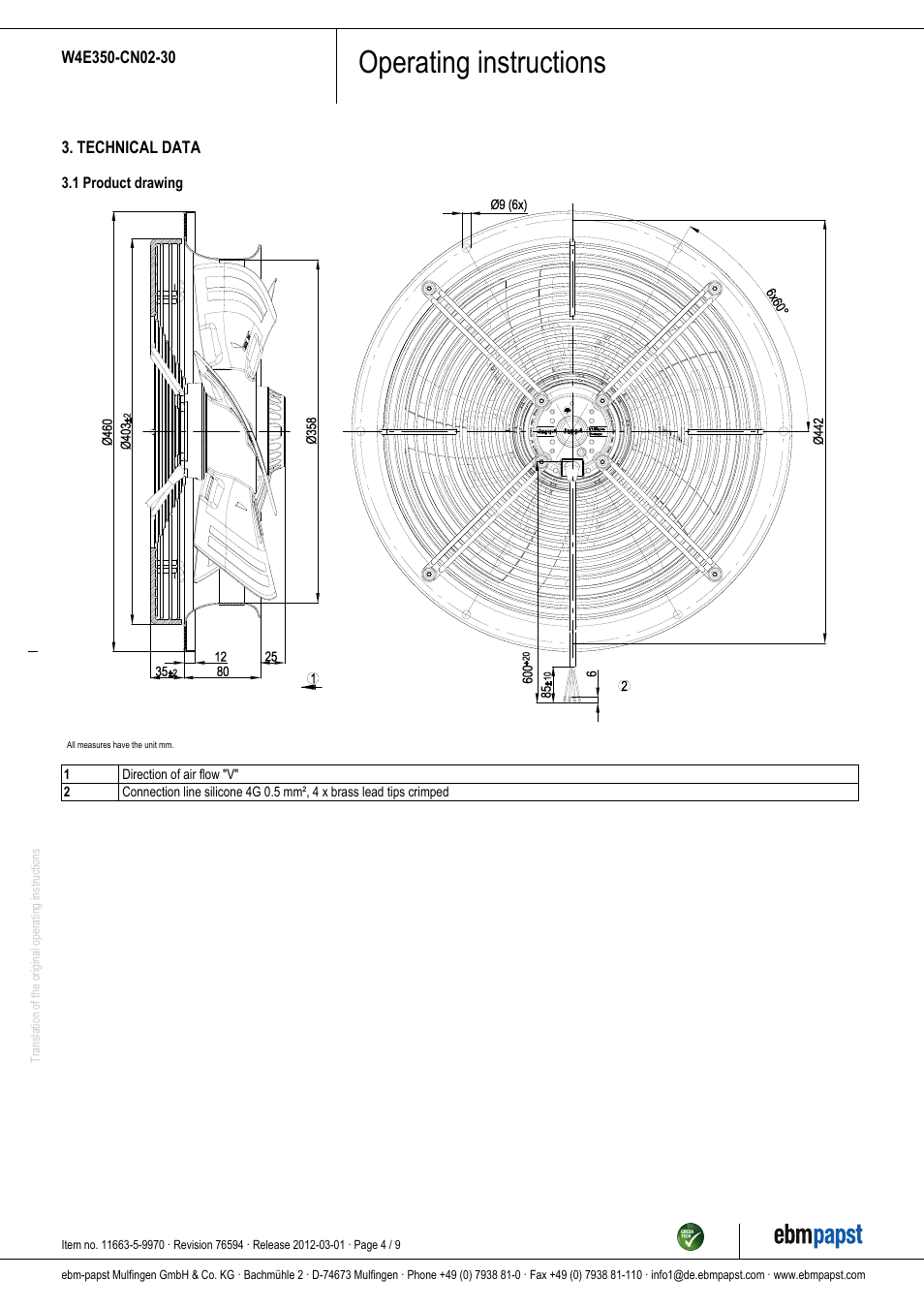 Operating instructions | ebm-papst W4E350-CN02-30 User Manual | Page 4 / 9