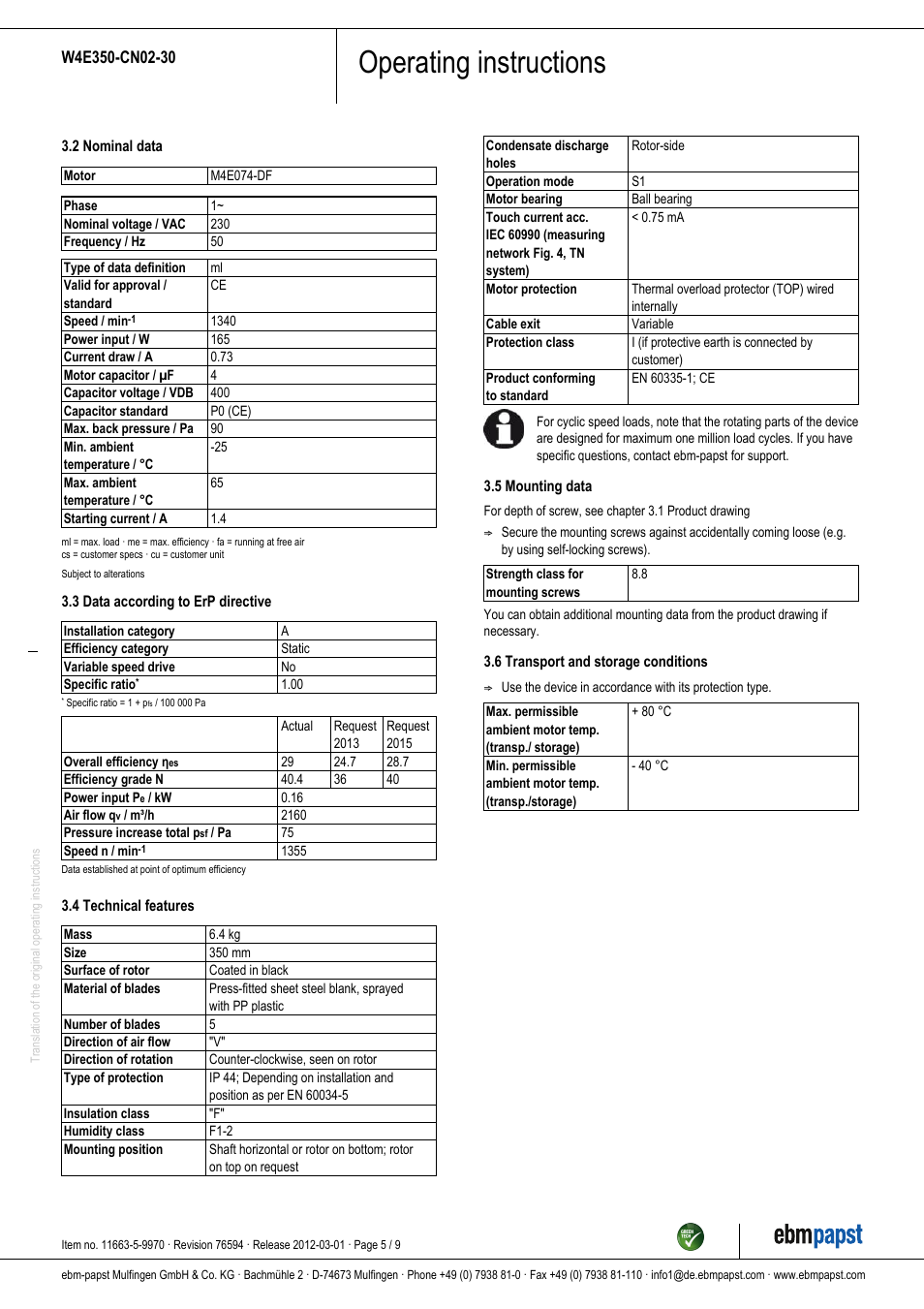 Operating instructions | ebm-papst W4E350-CN02-30 User Manual | Page 5 / 9