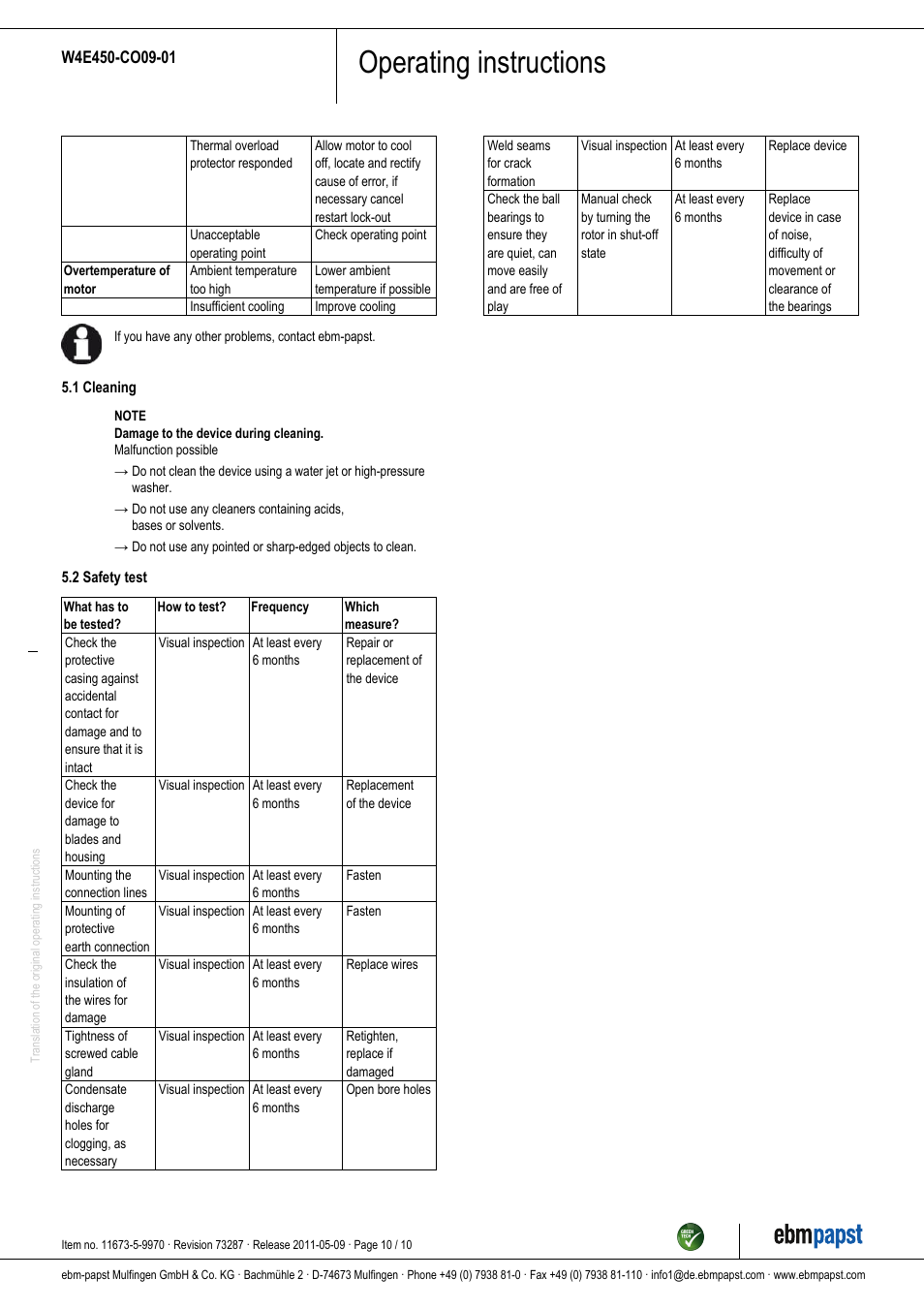 Operating instructions | ebm-papst W4E450-CO09-01 User Manual | Page 10 / 10