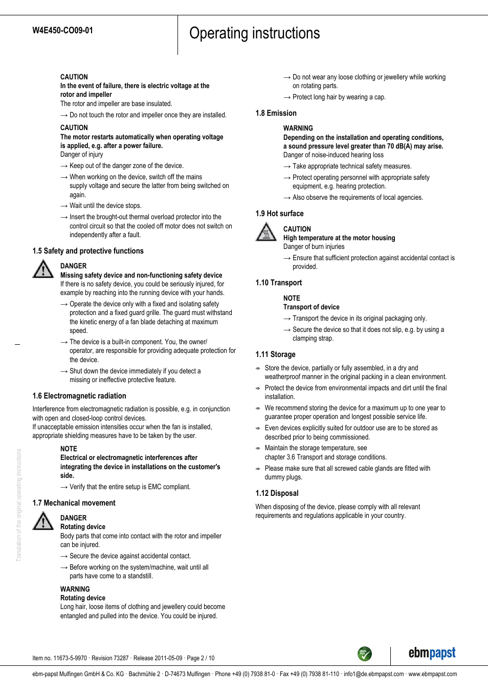 Operating instructions | ebm-papst W4E450-CO09-01 User Manual | Page 2 / 10
