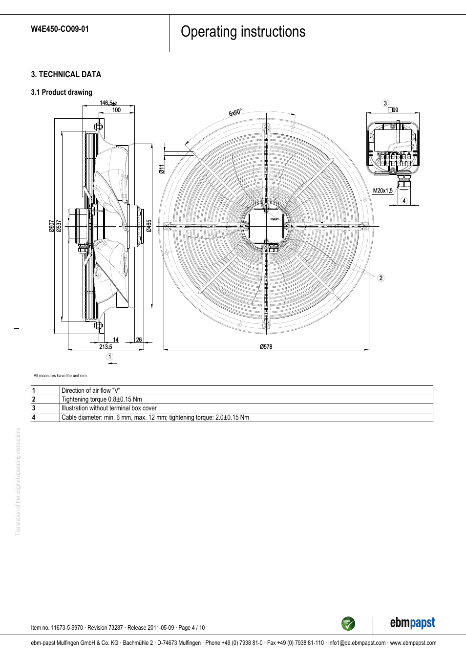 Operating instructions | ebm-papst W4E450-CO09-01 User Manual | Page 4 / 10