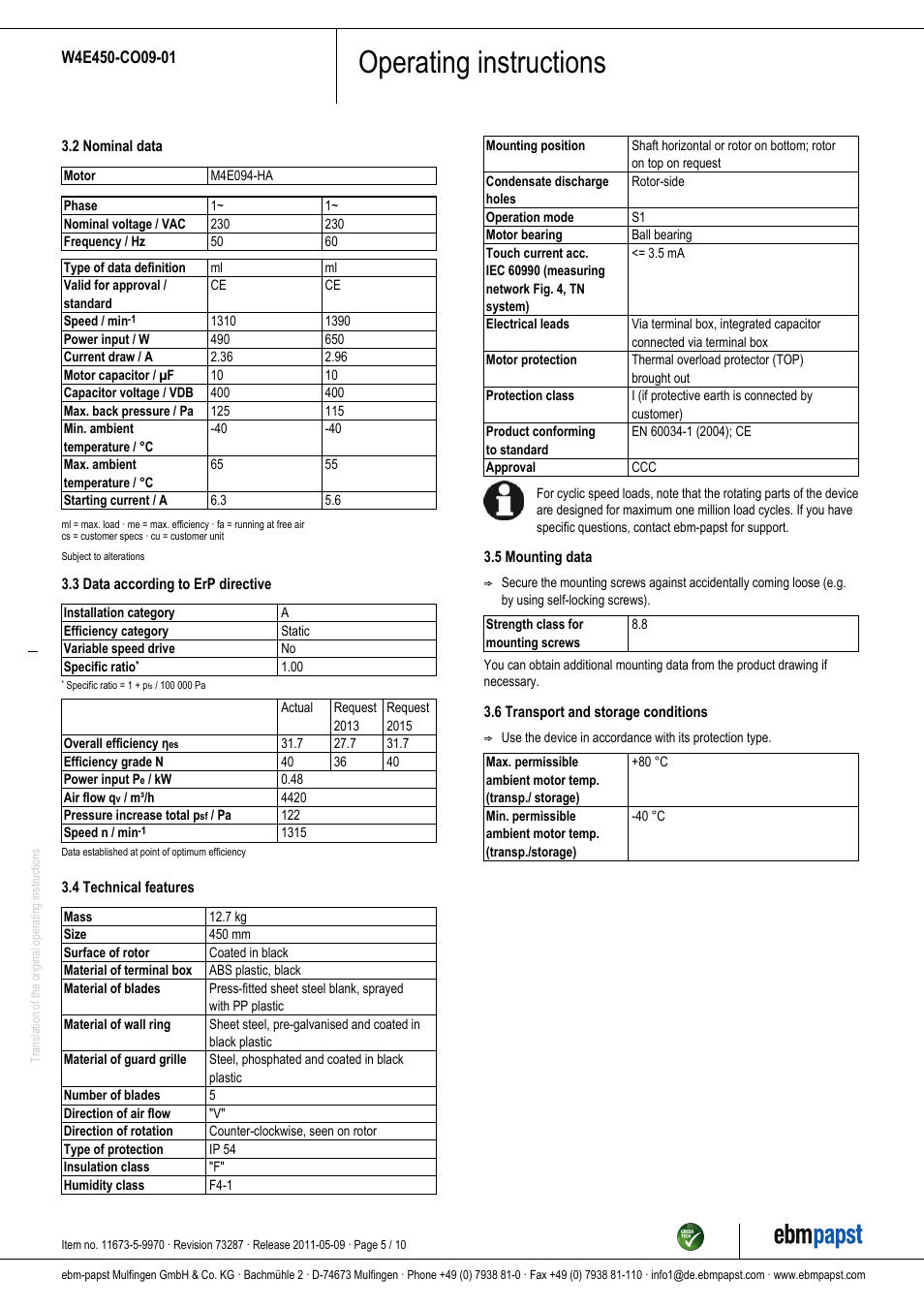 Operating instructions | ebm-papst W4E450-CO09-01 User Manual | Page 5 / 10