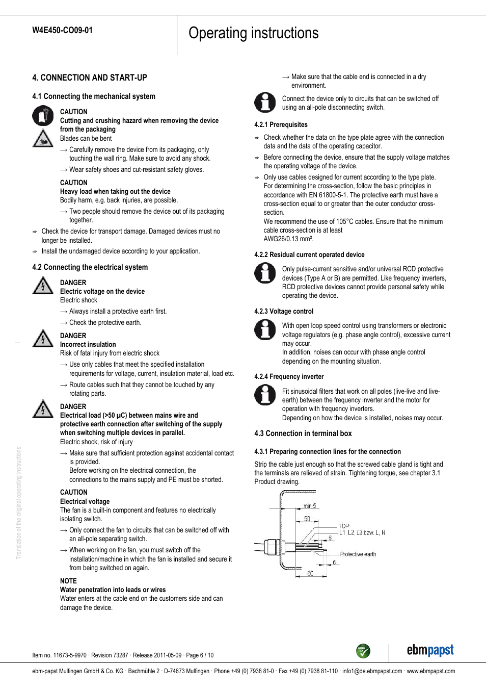 Operating instructions | ebm-papst W4E450-CO09-01 User Manual | Page 6 / 10