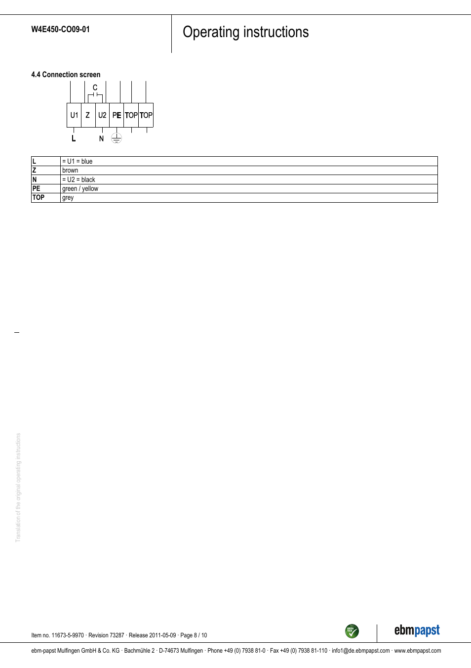 Operating instructions | ebm-papst W4E450-CO09-01 User Manual | Page 8 / 10