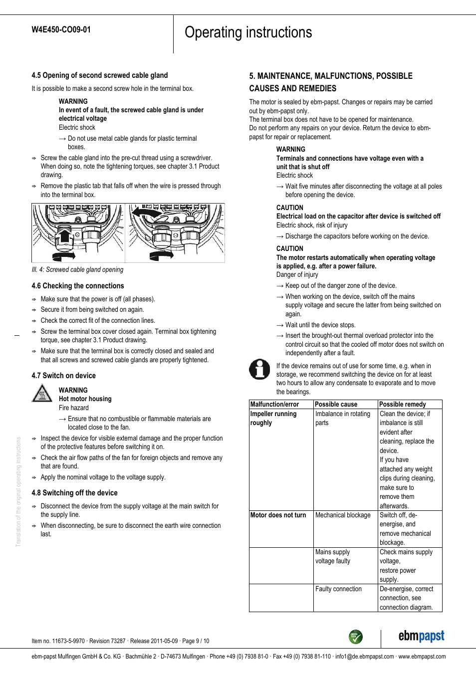 Operating instructions | ebm-papst W4E450-CO09-01 User Manual | Page 9 / 10