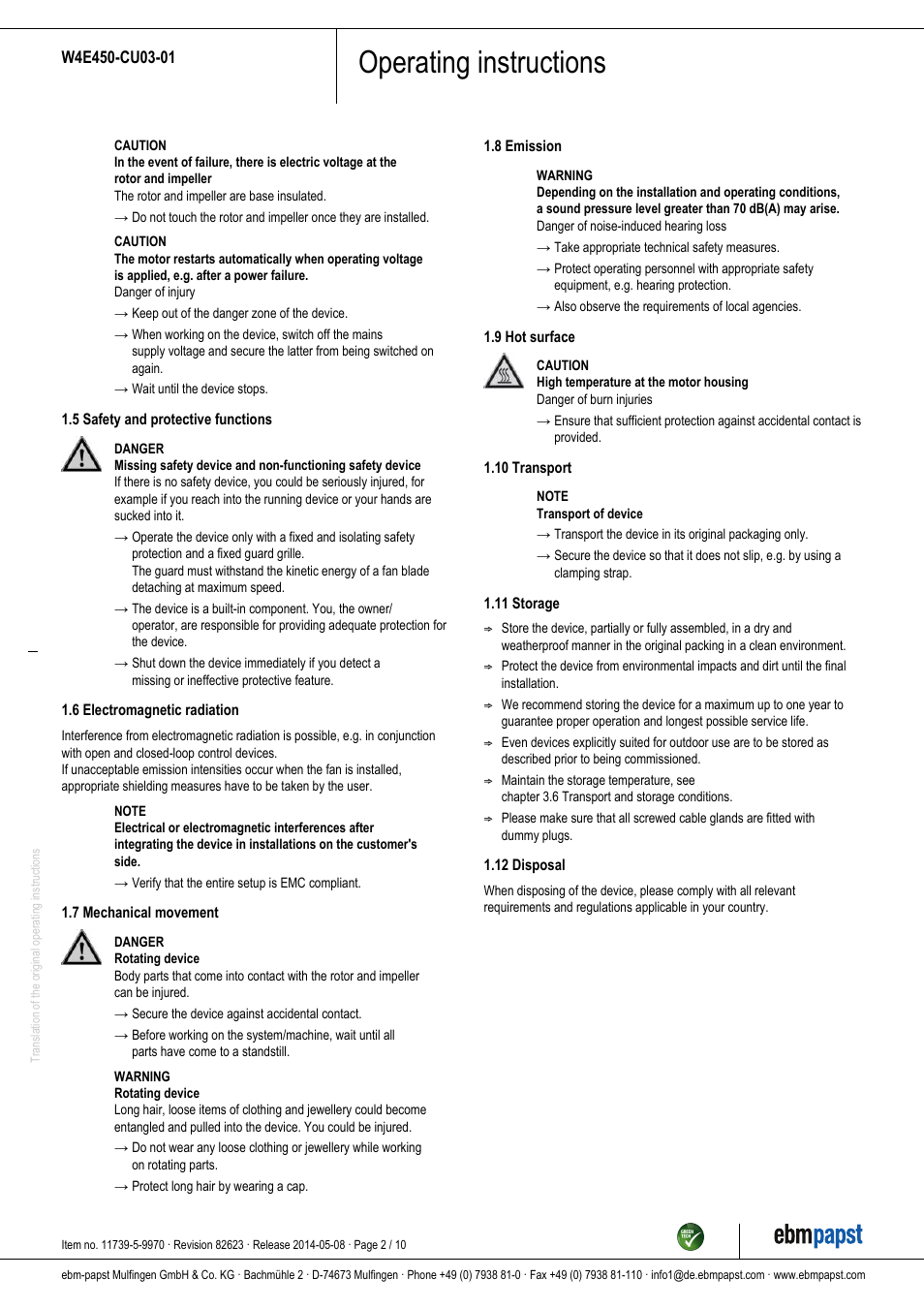 Operating instructions | ebm-papst W4E450-CU03-01 User Manual | Page 2 / 10