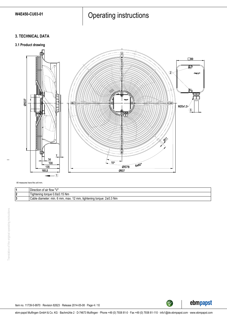 Operating instructions | ebm-papst W4E450-CU03-01 User Manual | Page 4 / 10