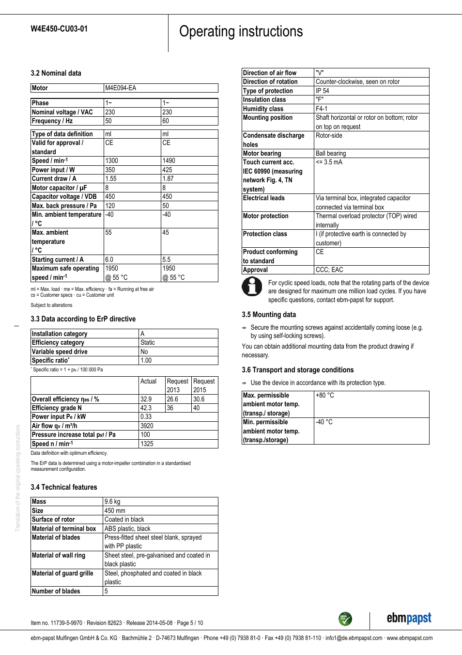 Operating instructions | ebm-papst W4E450-CU03-01 User Manual | Page 5 / 10