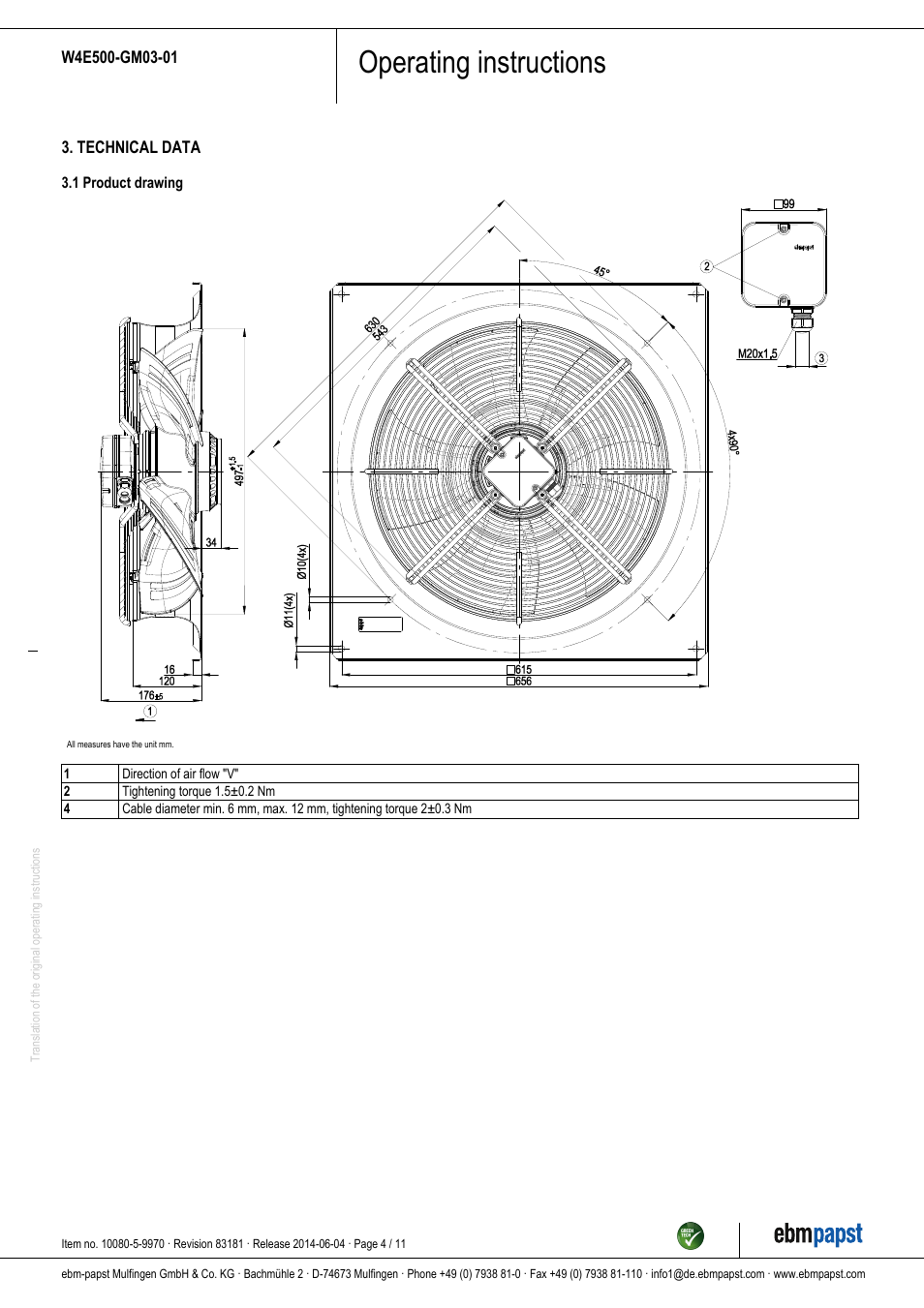 Operating instructions | ebm-papst W4E500-GM03-01 User Manual | Page 4 / 11