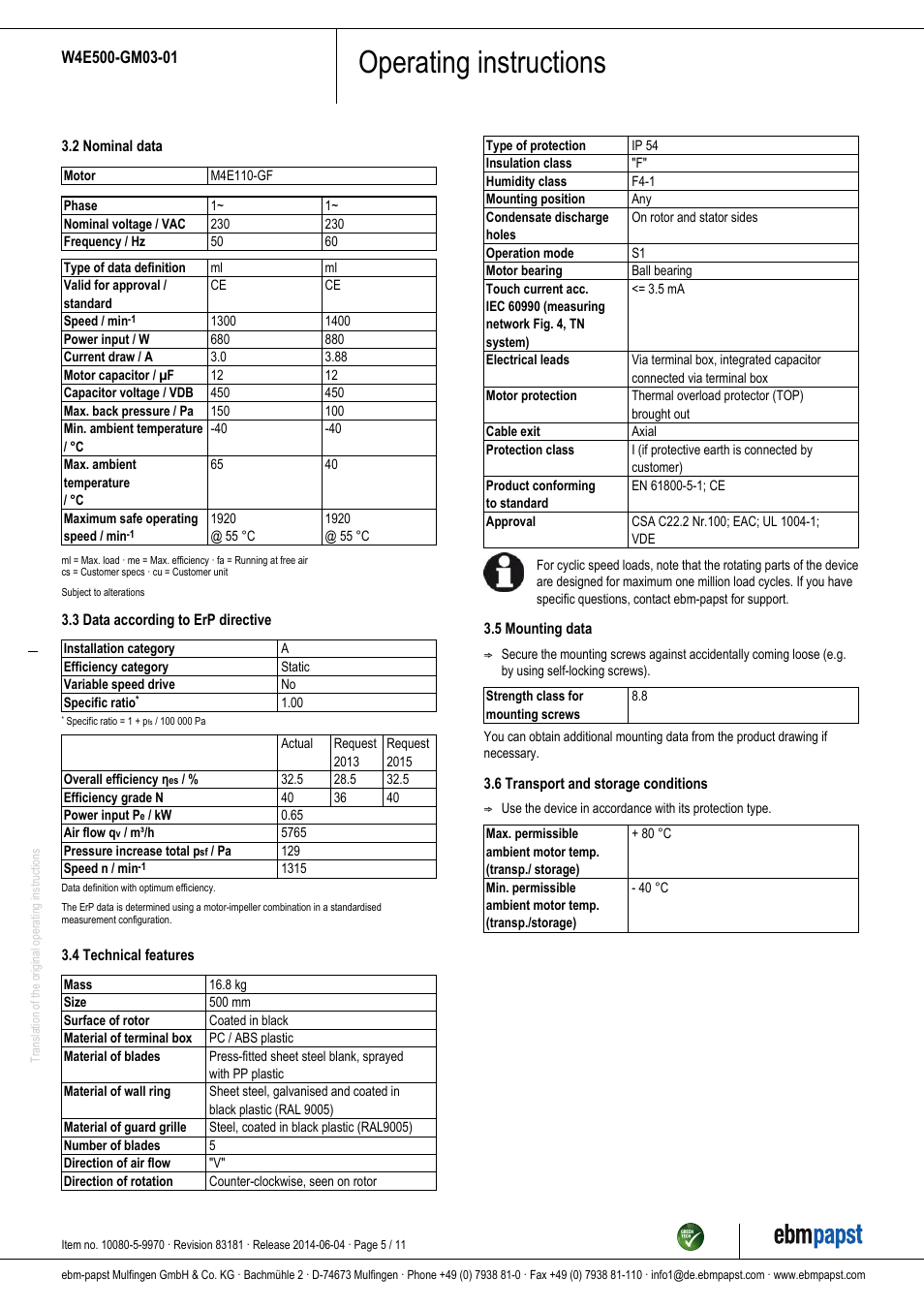 Operating instructions | ebm-papst W4E500-GM03-01 User Manual | Page 5 / 11