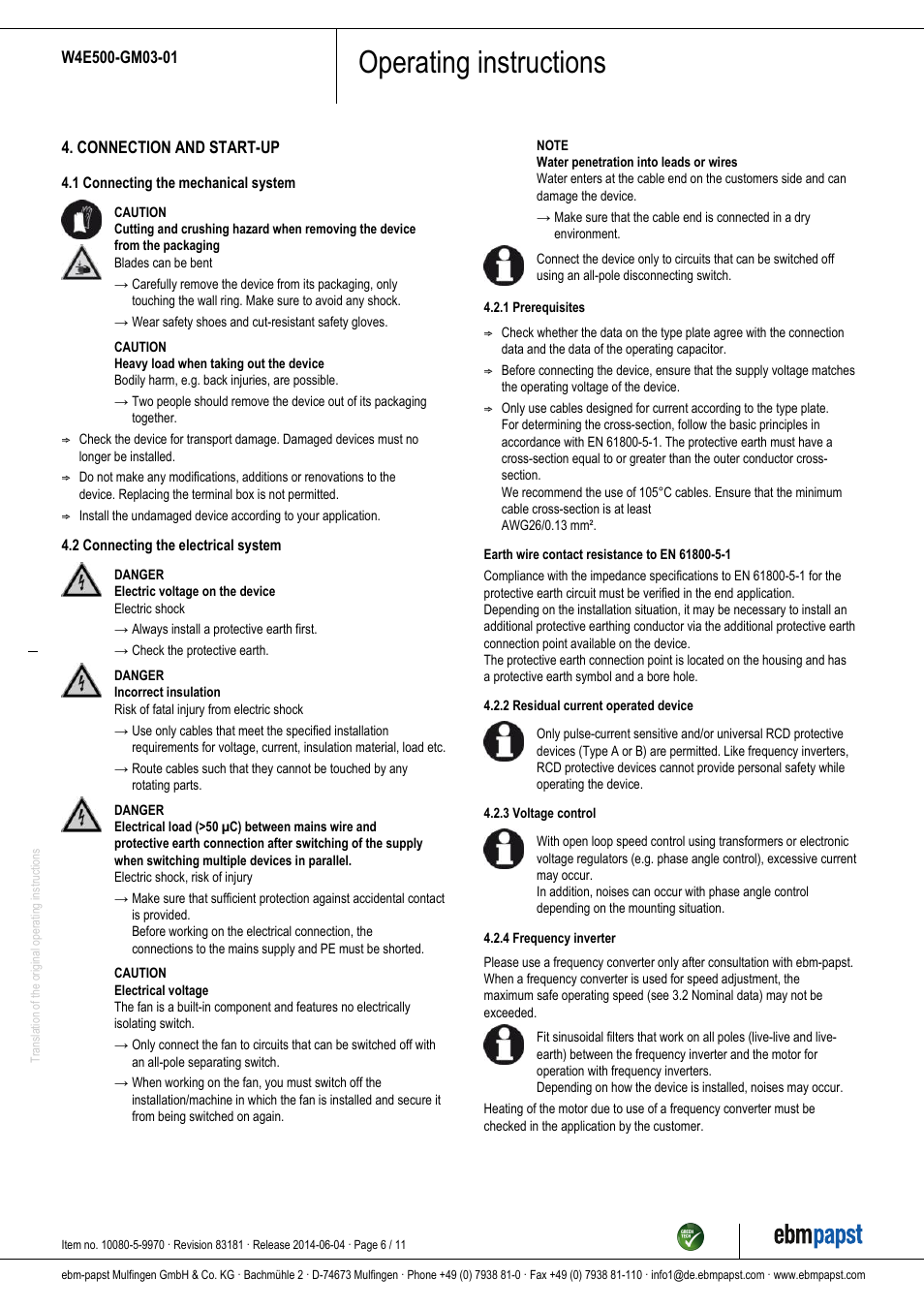 Operating instructions | ebm-papst W4E500-GM03-01 User Manual | Page 6 / 11